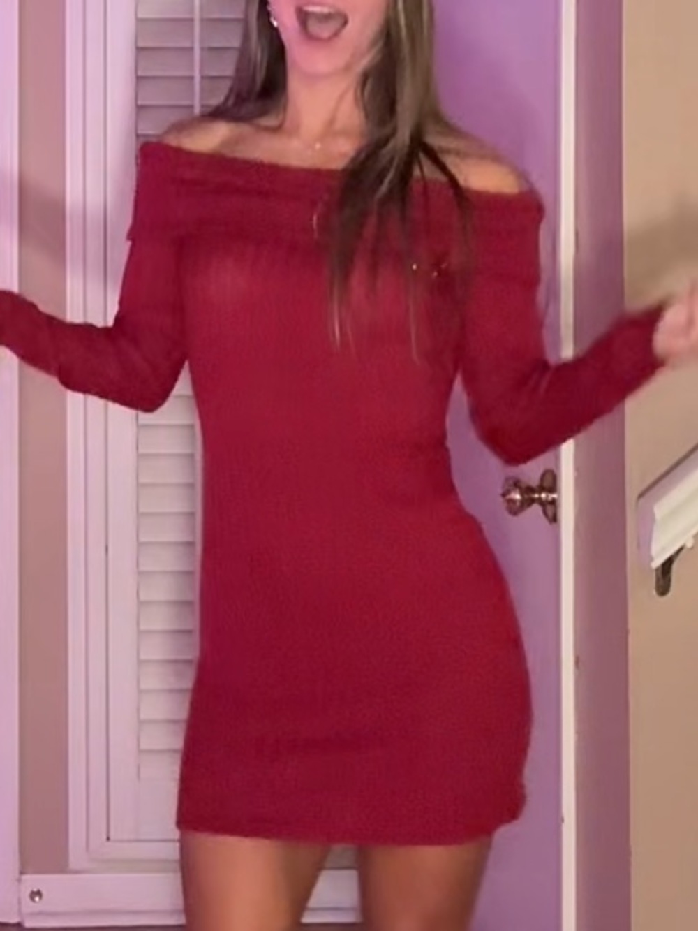 Ribbed Off-Shoulder Sweater Dress in Deep Magenta